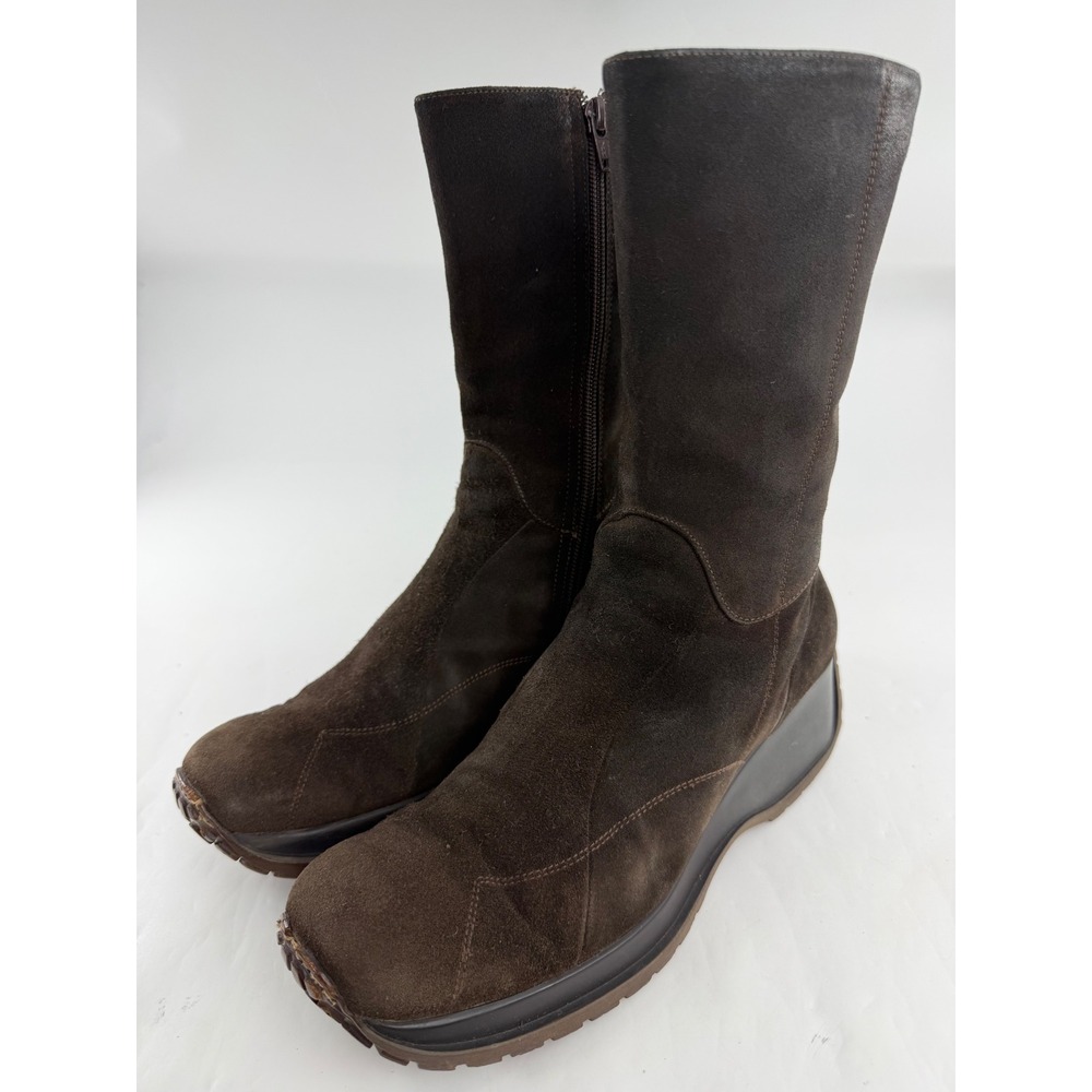 Manufacture d'essai Dark Brown Suede Wedge Platform Mid-Calf Boots Italy 39